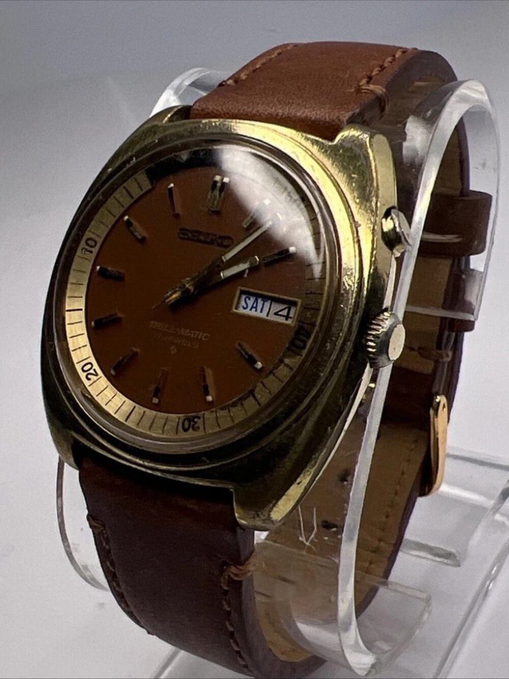 Seiko Bell-Matic Automatic Day Date Watch 4006-6037 38mm Gold Tone & Brown -READ